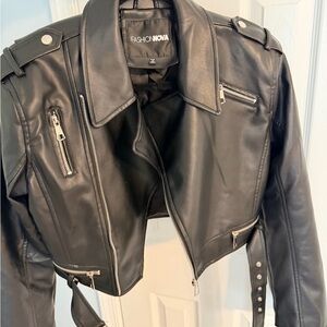 Fashion Nova Black Faux Leather Cropped Moto Jacket with Silver Hardware